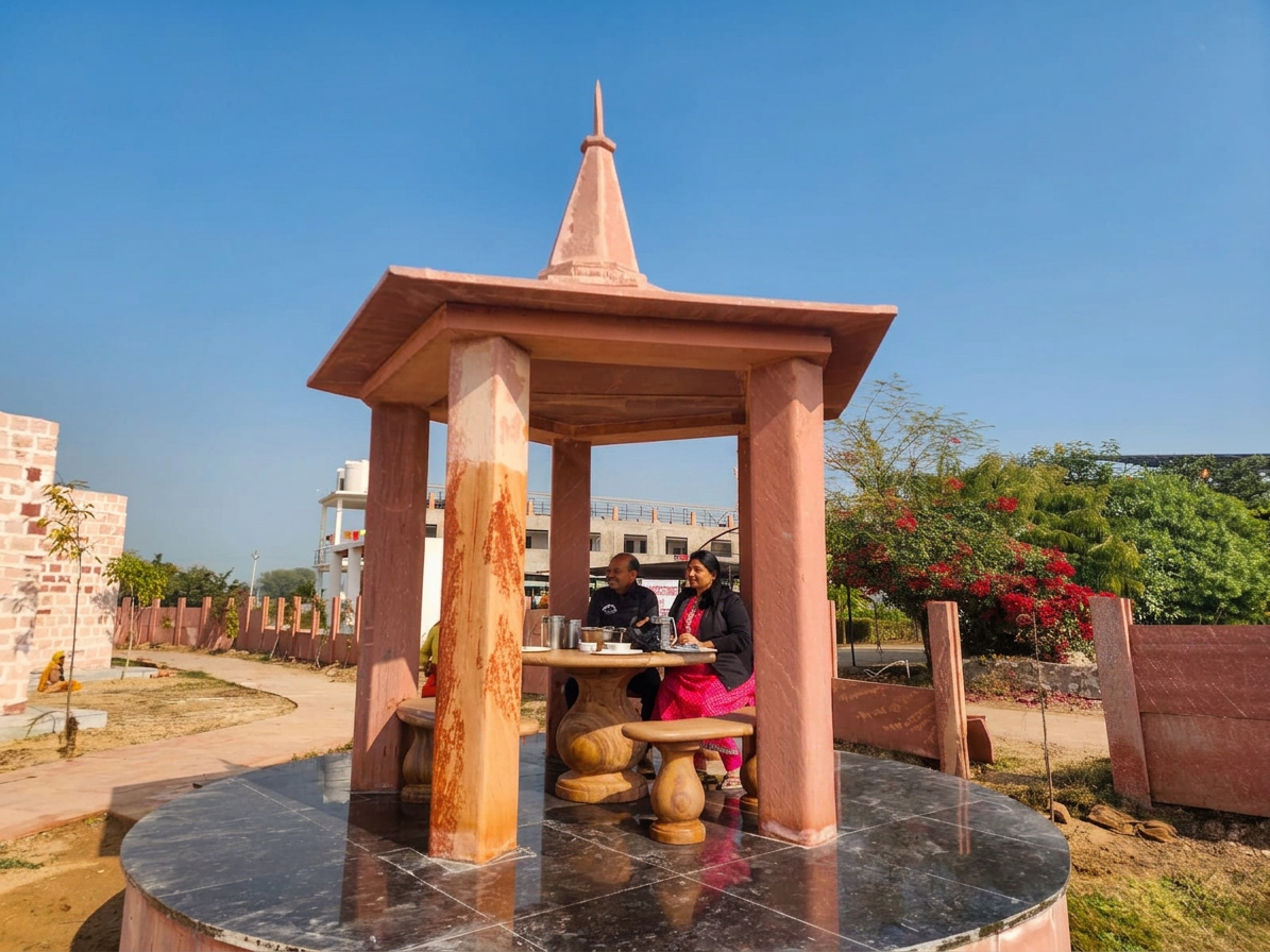 Stone gazebo in the garden area