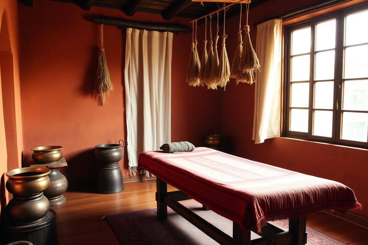 Traditional Ayurvedic treatment room with terracotta walls